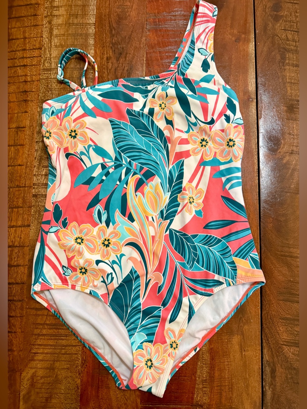 Jantzen Coral & Teal Tropical Floral One-Shoulder women’s Swimsuit
